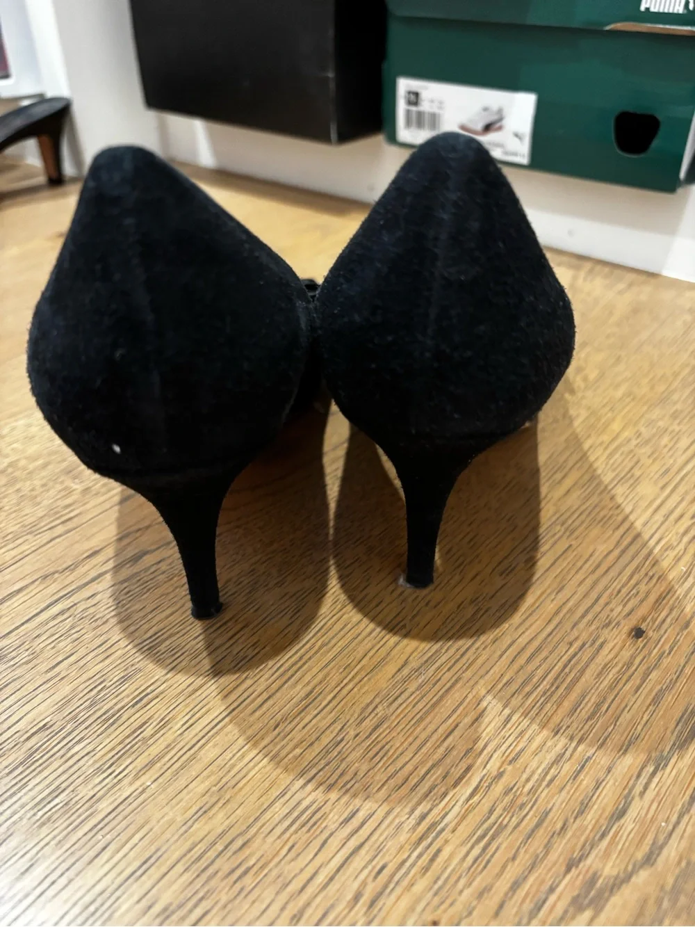 kate spade Black Suede Peep-Toe Pumps with Patent Bow